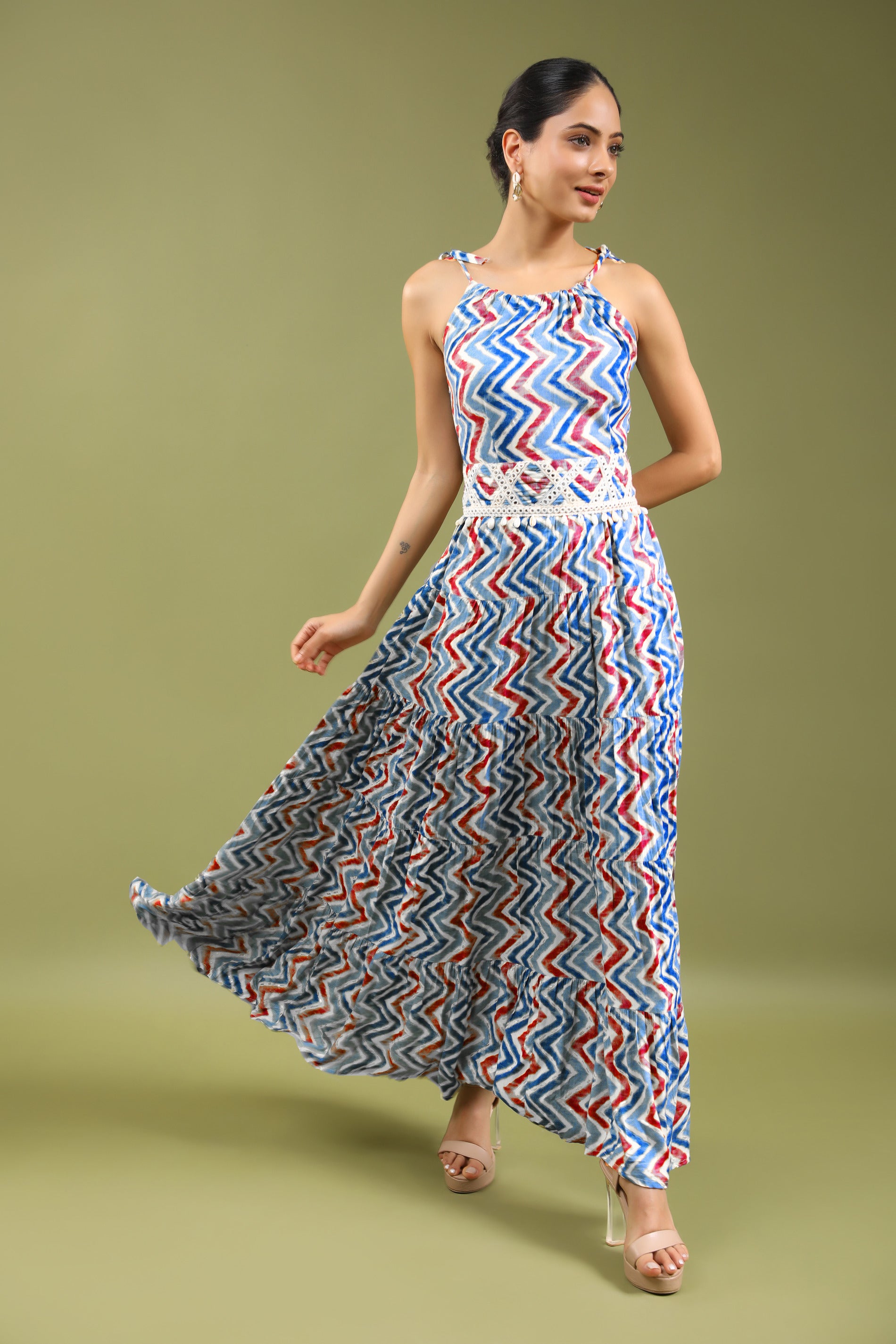 Ethnic Women Dress Colorful Floral Print Side Pockets Pleated Short Sleeve  Maxi Gown Loose One-Piece