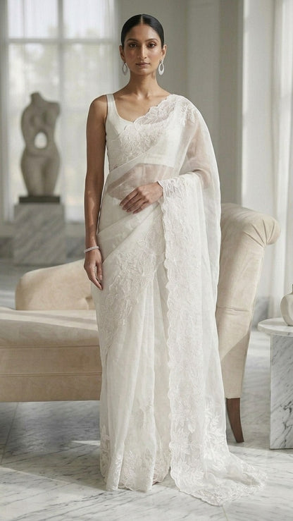 Pristine White Organza Saree with Delicate Floral Embroidery & Blouse Fabric