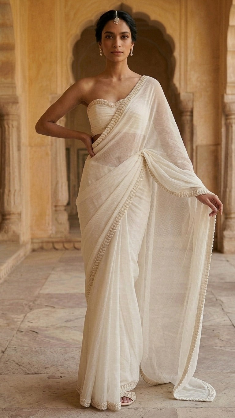 Luxe Pearl Embroidered Chinnon Crush Saree