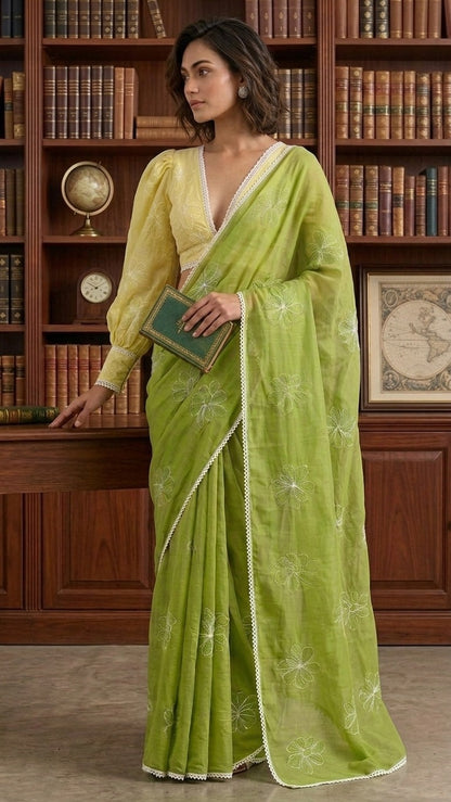 Olive Petal Pure Mul Chanderi Cotton Embroidered Saree with Blouse Fabric