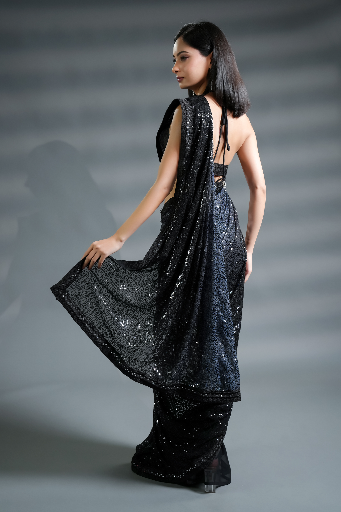 Ravishing Black Ready to Wear Sequin Saree and Blouse Fabric