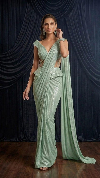 Mint Mirage Sequin Glam Saree with Blouse Fabric
