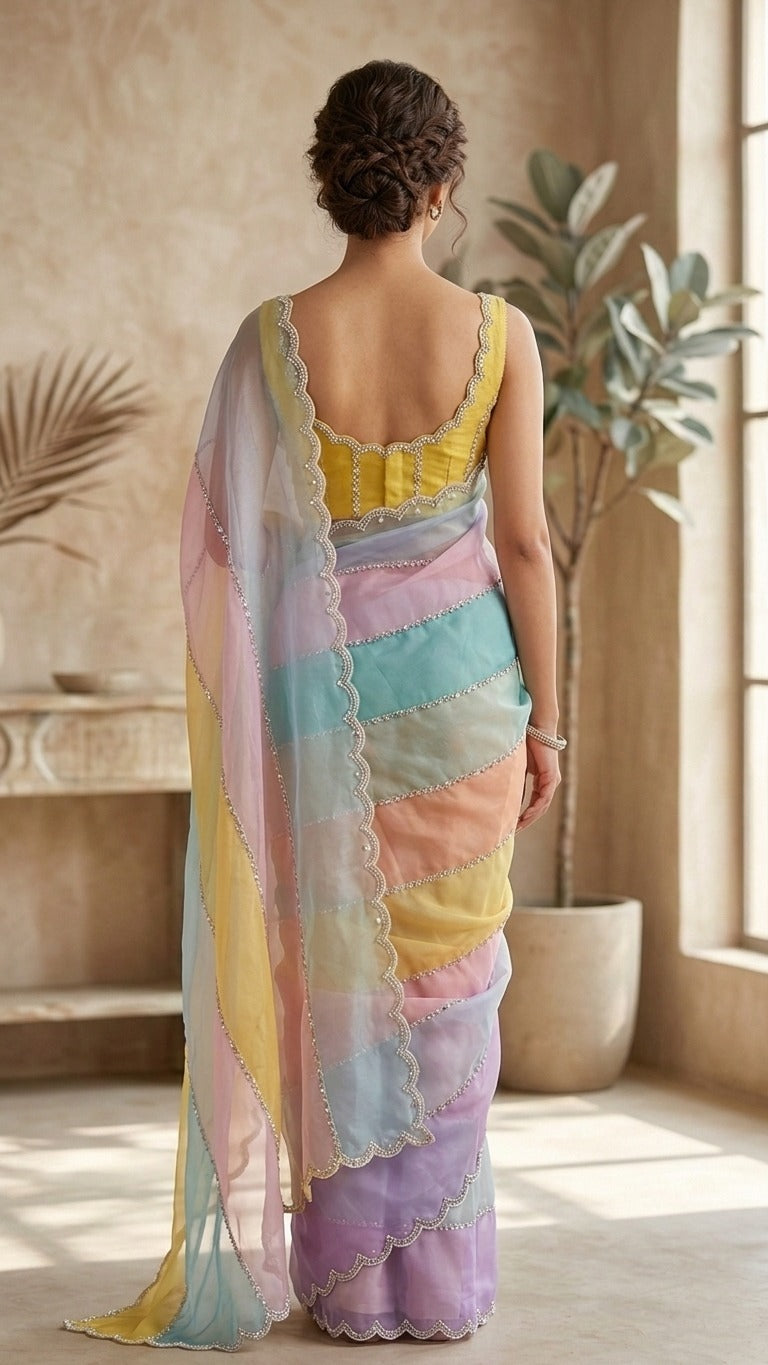 Rainbow Pastel Premium Embroidered Organza Saree with Embroidered Blouse Fabric