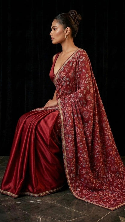 Crimson Floral Embroidered Cut Dana Silk Saree with Embellished Border & Blouse Fabric