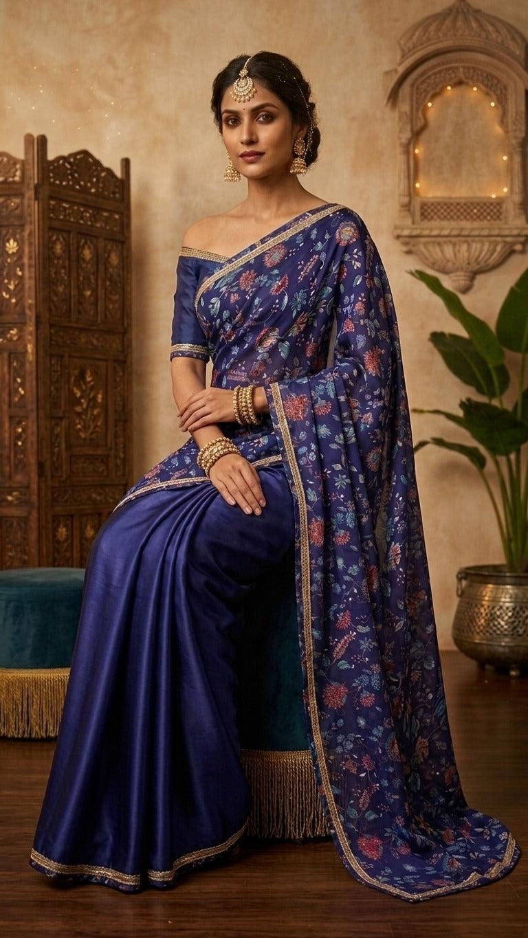 Royal Blue Floral Embroidered Cut Dana Silk Saree with Embellished Border & Blouse Fabric