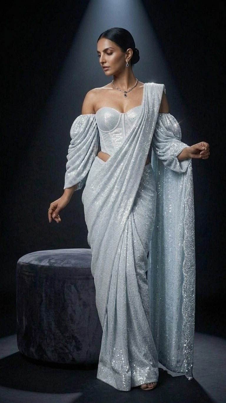 Ice Blue Sequin Glam Saree with Blouse Fabric