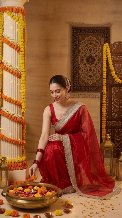 Ravishing Scarlet Radiance Tissue Saree with Luxe Hand Embellished Border & Blouse Fabric