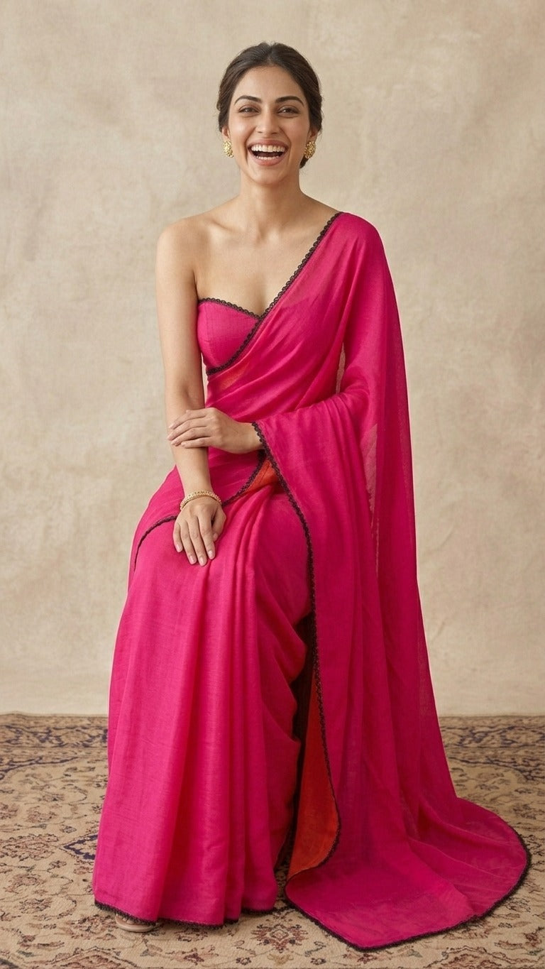 Hot Pink Chroma Saree with Scalloped Lace Detail & Blouse Fabric