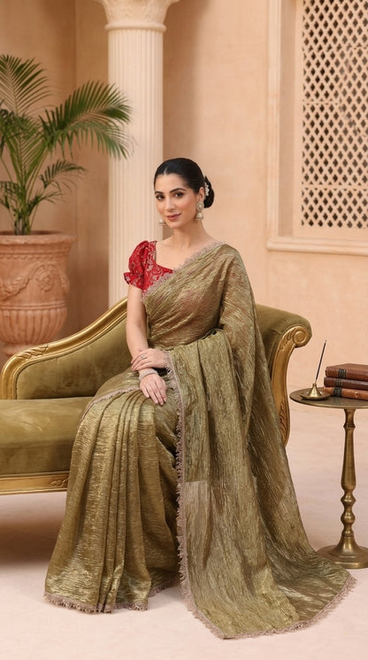 Emerald Whisper Premium Tissue Saree with Blouse Fabric