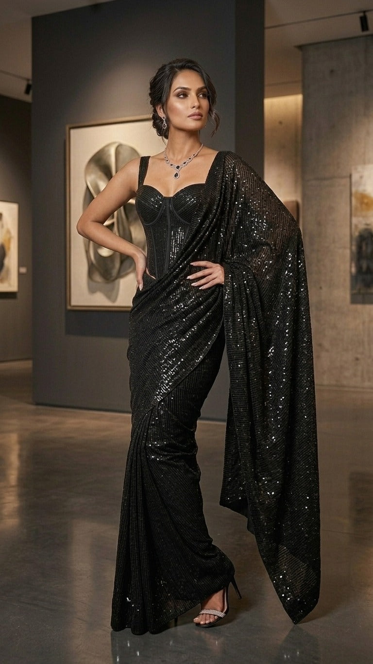 Black Diamond Glam Sequins Saree With Sequins Blouse Fabric