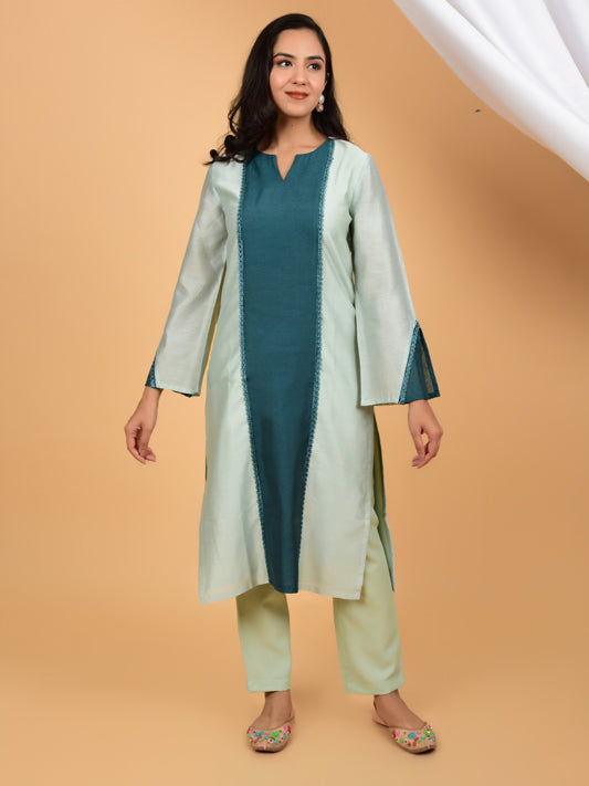 Tranquil Teal Symphony Chanderi Kurta with Silk Lace