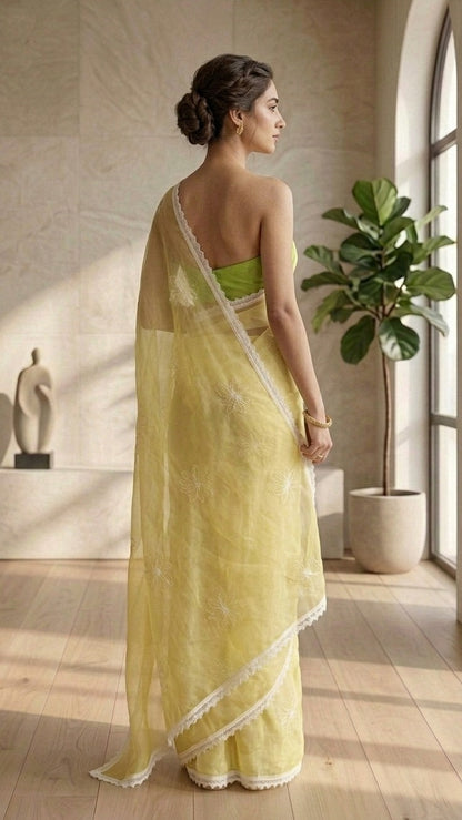 Enchanting Lemon Bloom Pure Mul Chanderi Embroidered Saree with Blouse Fabric