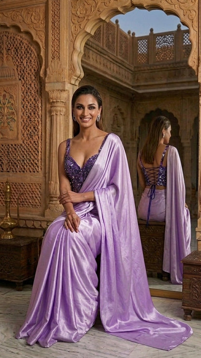 Dreamy Lilac Satin Saree With Heavy Sequins Blouse Fabric