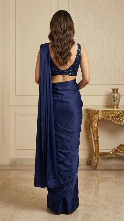 Midnight Muse Navy Satin Saree With Sequins Blouse 