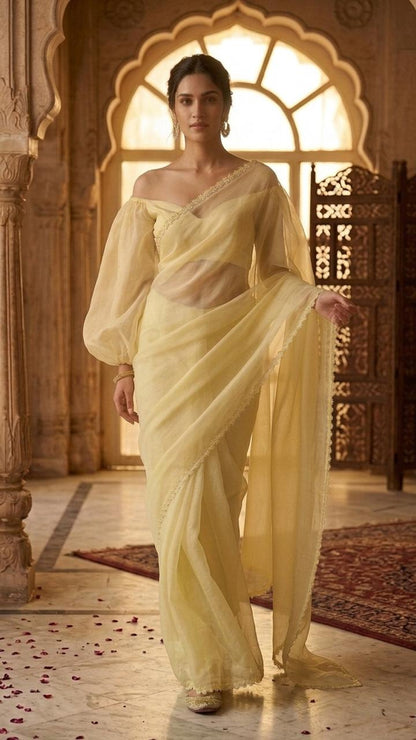 Pastel Yellow Organza Saree with Floral Lace and Blosue Fabric