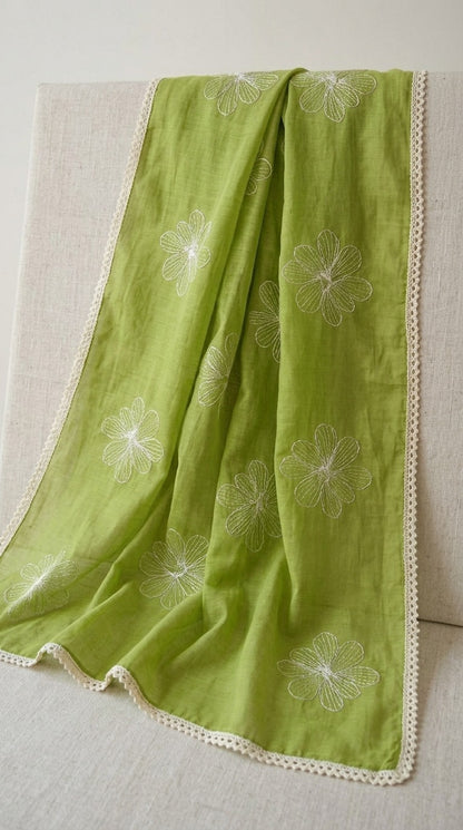Enchanted Garden Floral Mul Chanderi Embroidered Lace Stole
