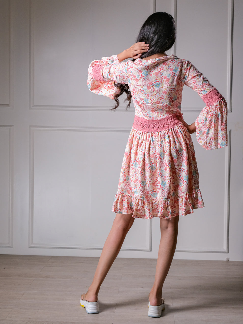 Charismatic Floral Printed A-line Dress with Lace Work