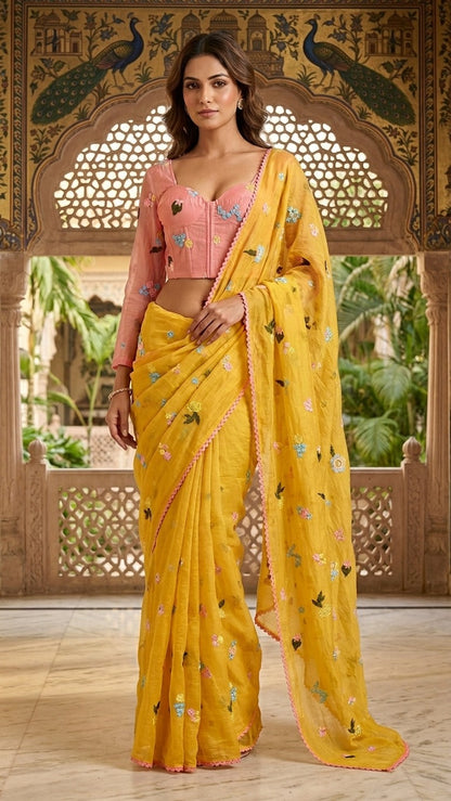 Sunlit Yellow Floral Embroidered Pure Mul Chanderi Saree with Blouse Fabric