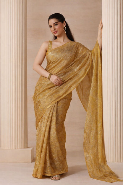 Regal Radiance Golden Aura Premium Crush Tissue Saree with Blouse Fabric