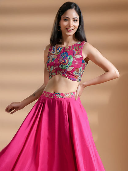 Azalea Pink Floral Embroidered Silk Skirt Set