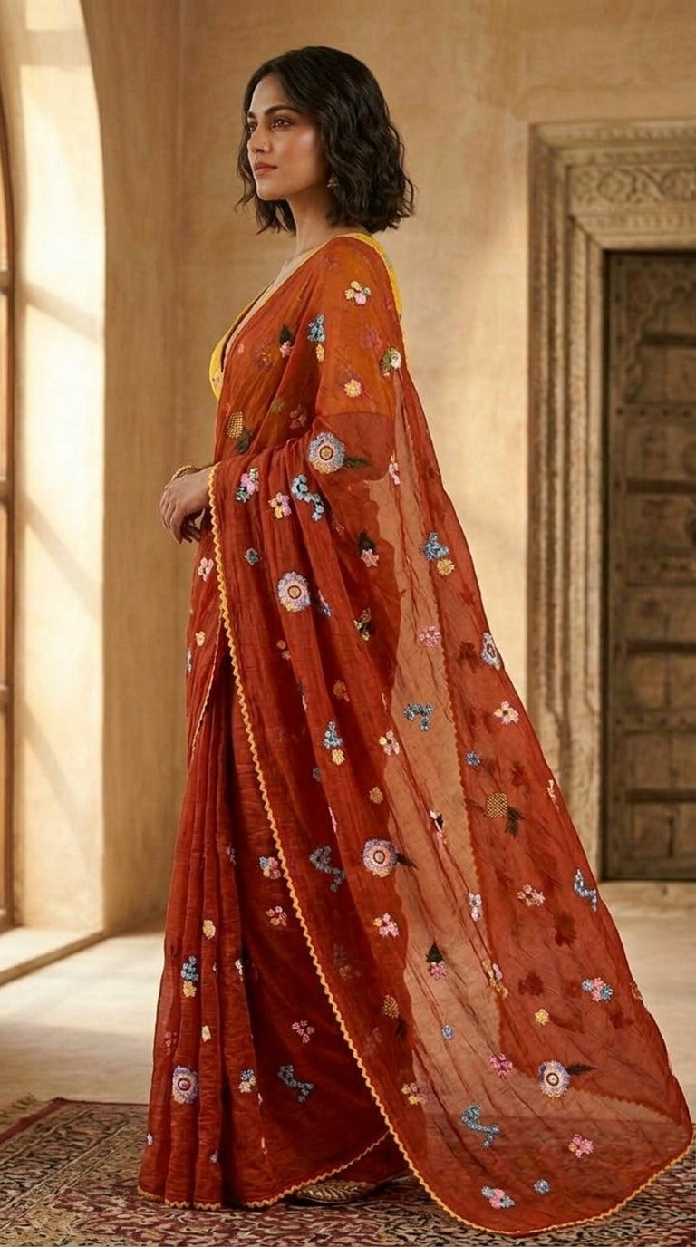 Festive Bloom Embroidered Pure Chanderi Mul Saree with Blouse Fabric