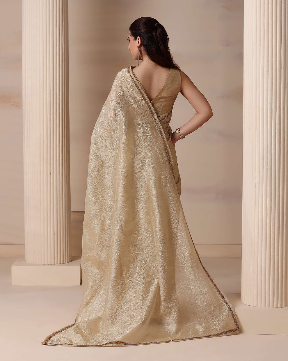 Regal Silver Gold Shimmer Embroidered Crush Tissue Saree with Blouse Fabric
