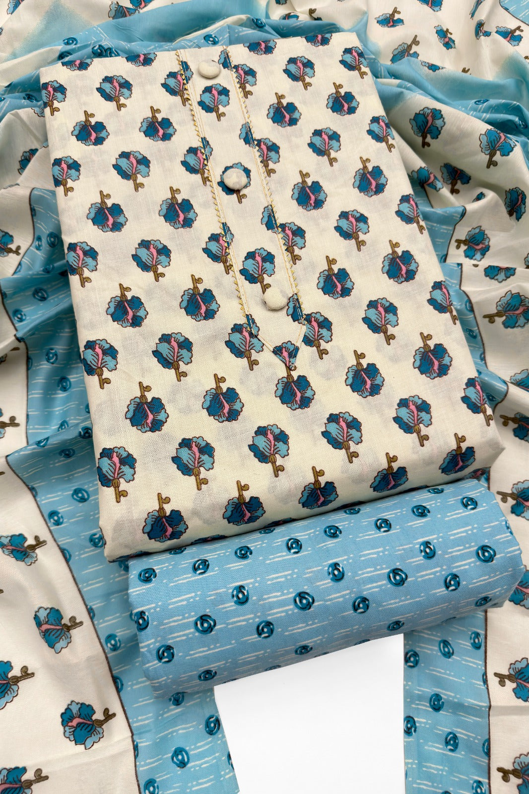 Sky Bloom Printed Cotton Unstitched Suit Set