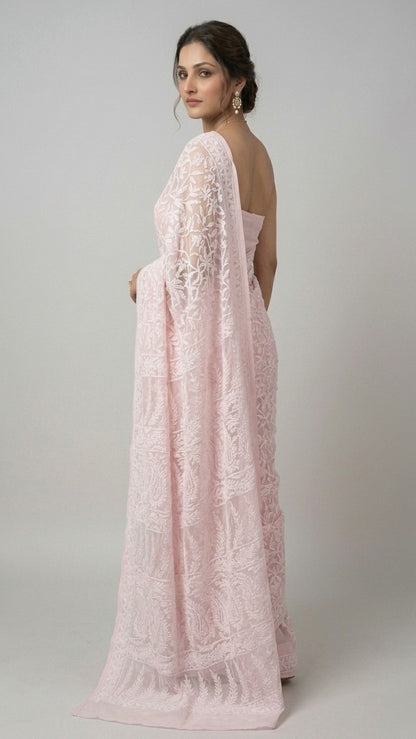 Blush Pink Pure Chikankari Georgette Heavy Embroidery Saree with Blouse Fabric