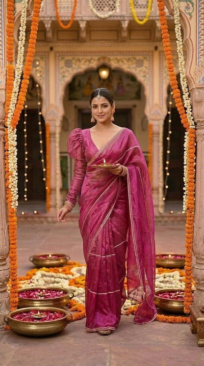 Gulabi Noor Tissue Silk Saree with Lace Work