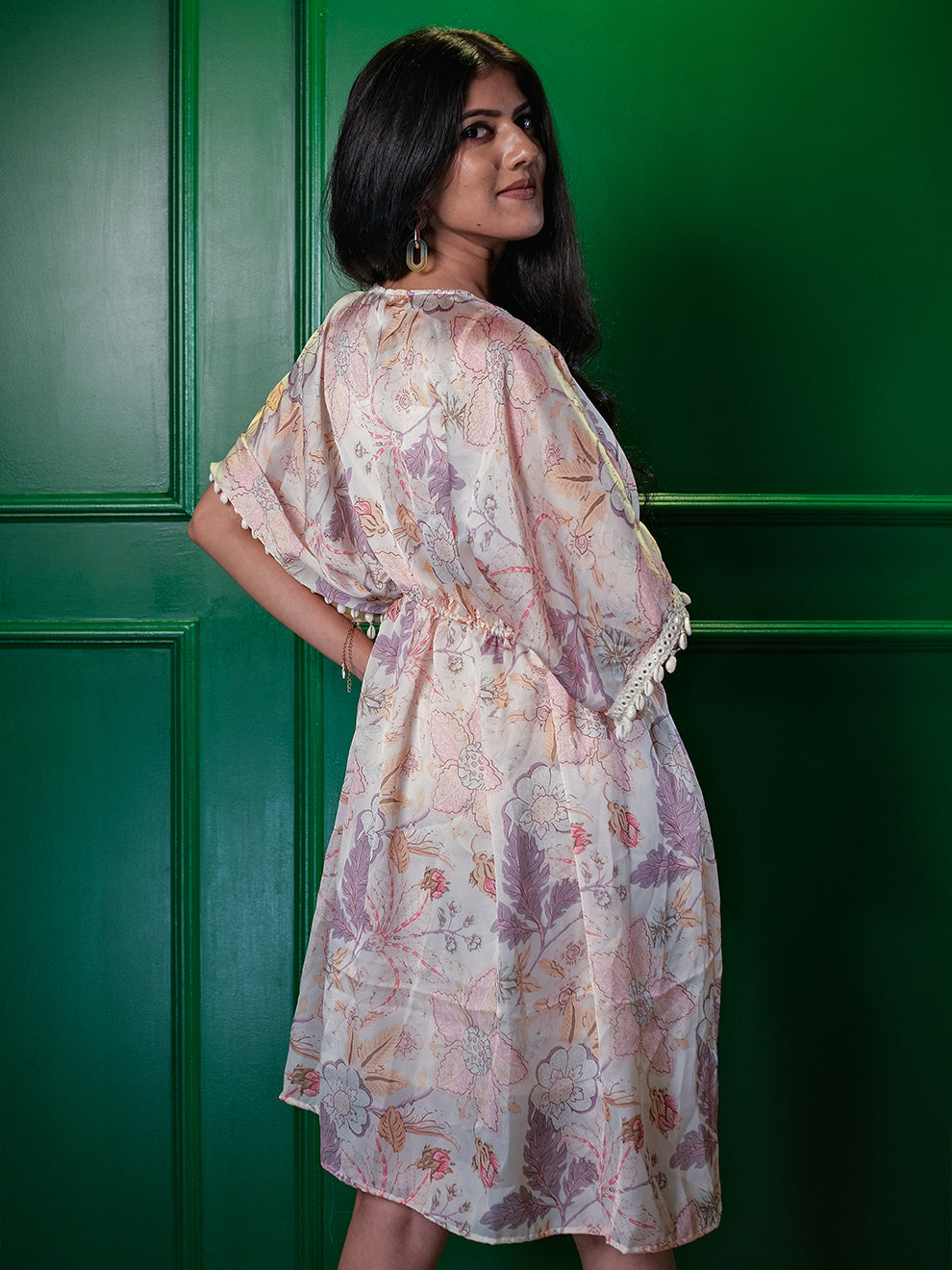 Enchanting Floral Silk Kaftan Style Dress with Embroidered lace and Inner