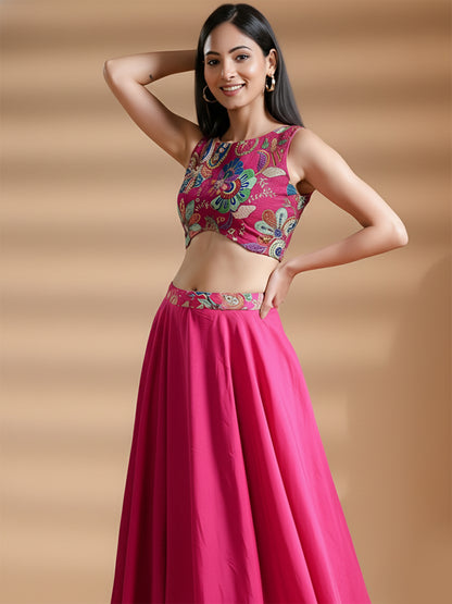 Azalea Pink Floral Embroidered Silk Skirt Set