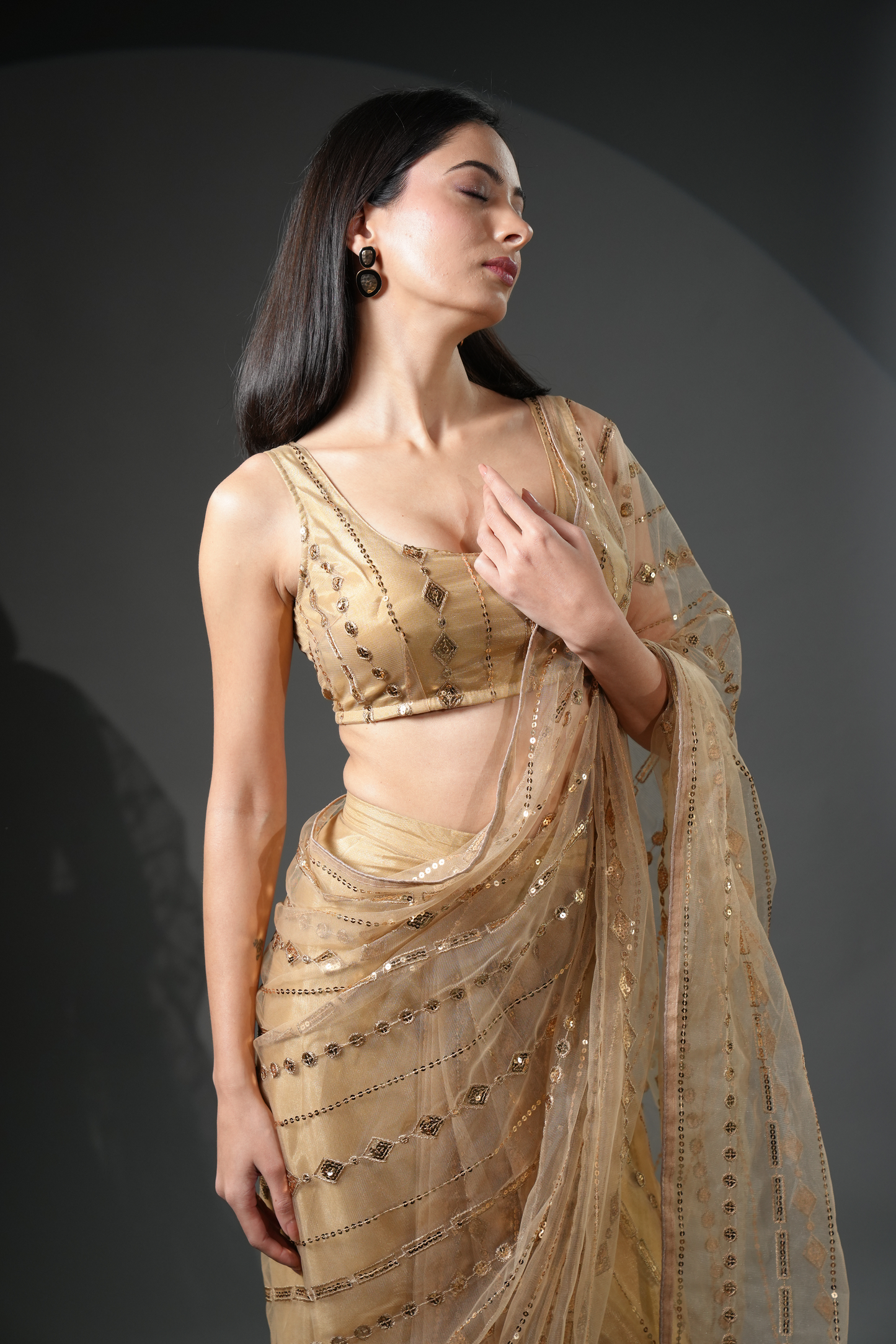 Vibrant Golden Ready to Wear Embellished Saree and Blouse Fabric