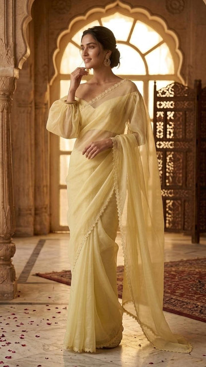 Pastel Yellow Organza Saree with Floral Lace and Blosue Fabric