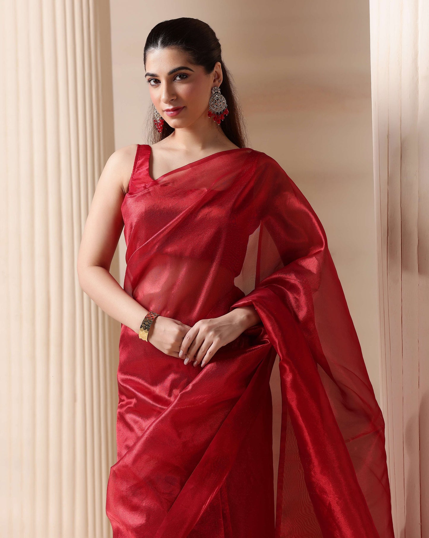 Elegant Red Glow Premium Tissue Saree with Blouse Fabric
