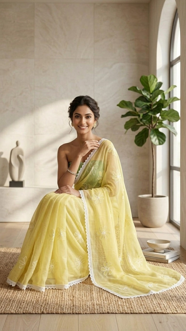 Enchanting Lemon Bloom Pure Mul Chanderi Embroidered Saree with Blouse Fabric