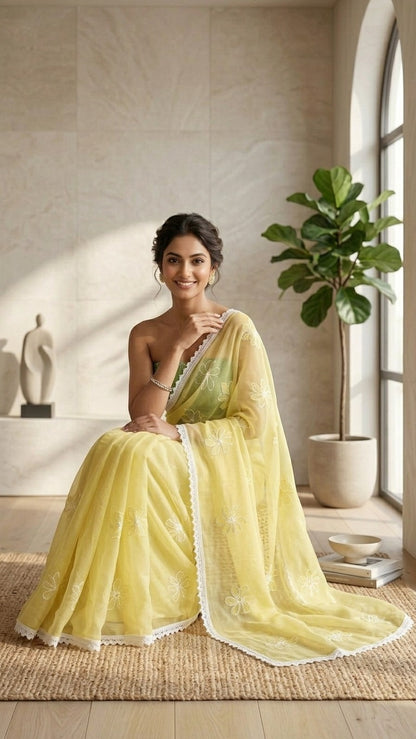 Enchanting Lemon Bloom Pure Mul Chanderi Embroidered Saree with Blouse Fabric