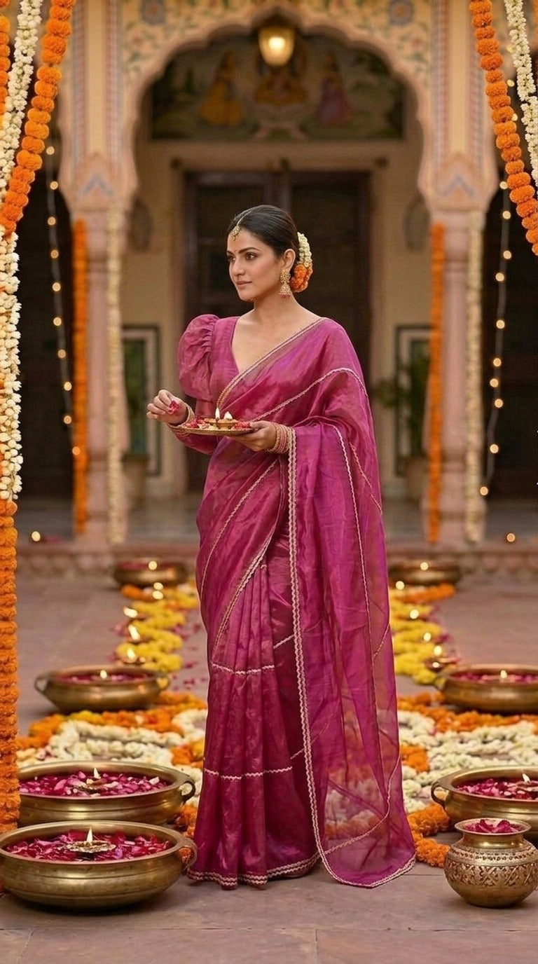 Gulabi Noor Tissue Silk Saree with Lace Work