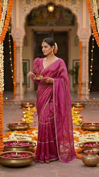 Gulabi Noor Tissue Silk Saree with Lace Work