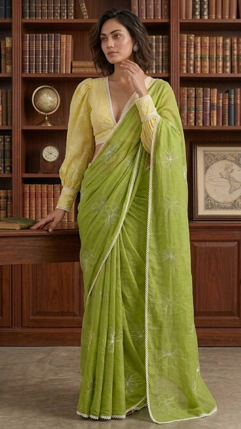 Olive Petal Pure Mul Chanderi Cotton Embroidered Saree with Blouse Fabric