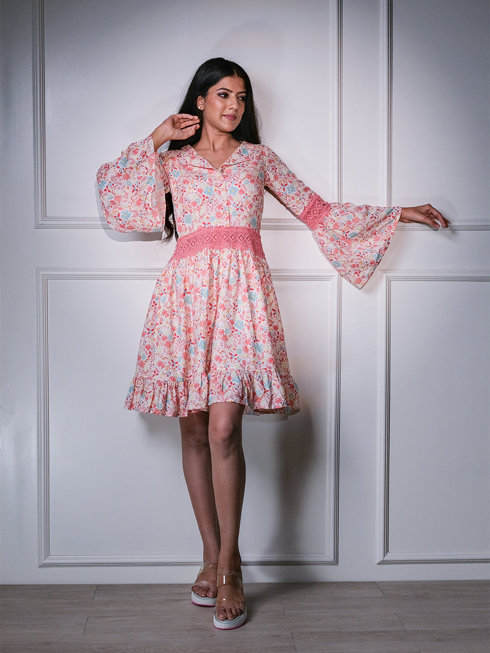 Charismatic Floral Printed A-line Dress with Lace Work