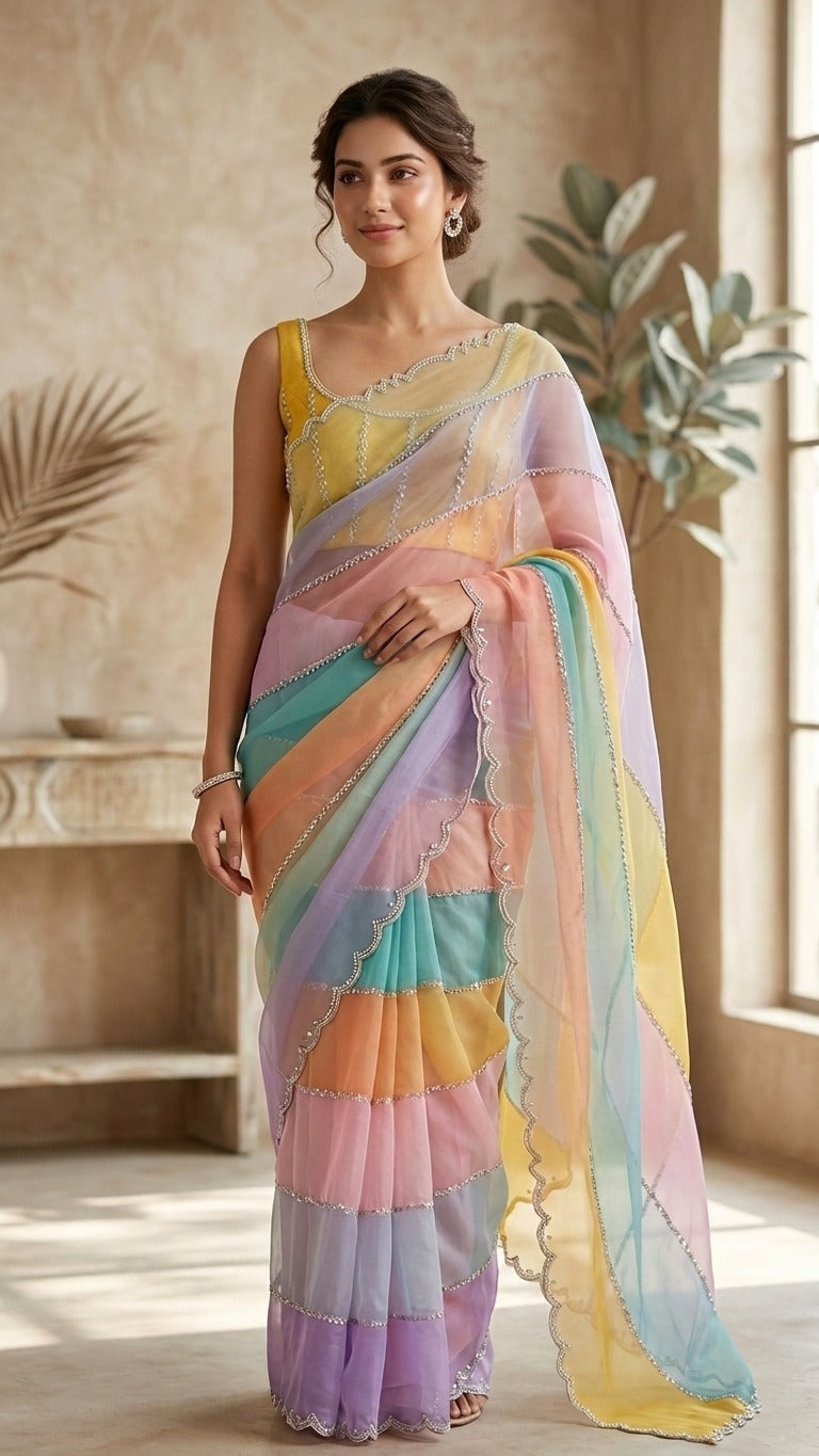 Rainbow Pastel Premium Embroidered Organza Saree with Embroidered Blouse Fabric