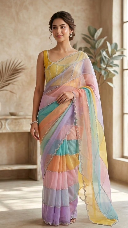 Rainbow Pastel Premium Embroidered Organza Saree with Embroidered Blouse Fabric