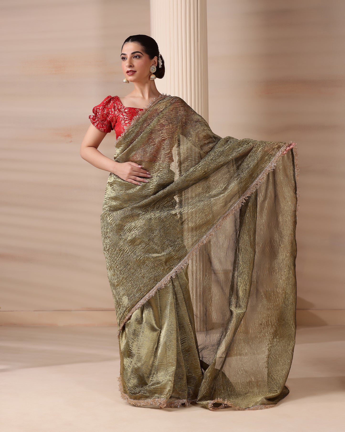 Emerald Whisper Premium Tissue Saree with Blouse Fabric