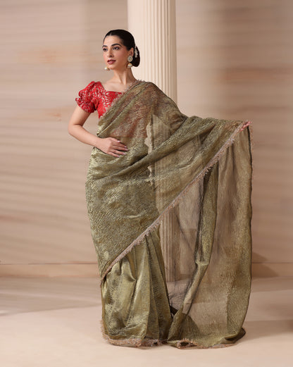 Emerald Whisper Premium Tissue Saree with Blouse Fabric