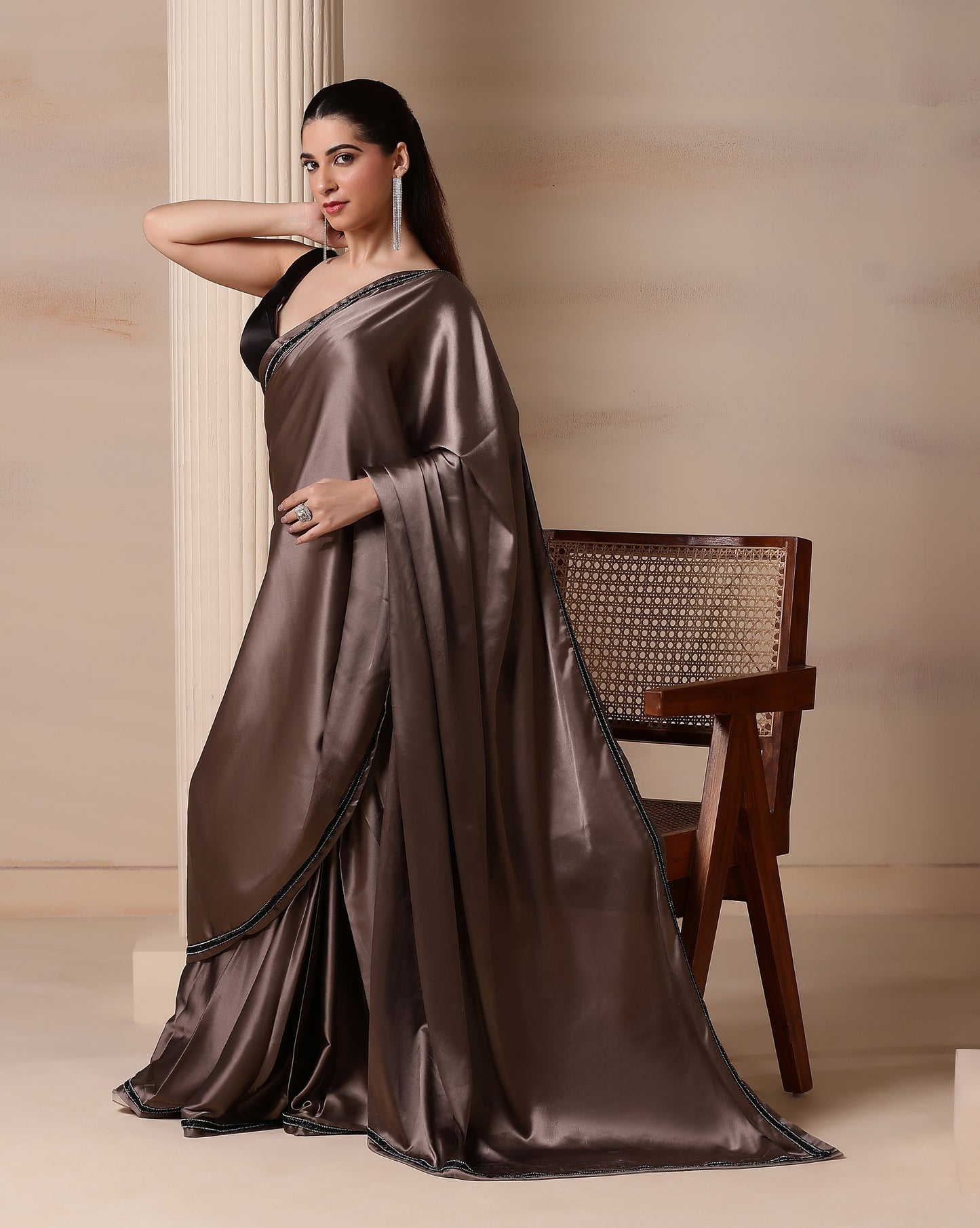 Pearl Smoke Satin Aura Saree