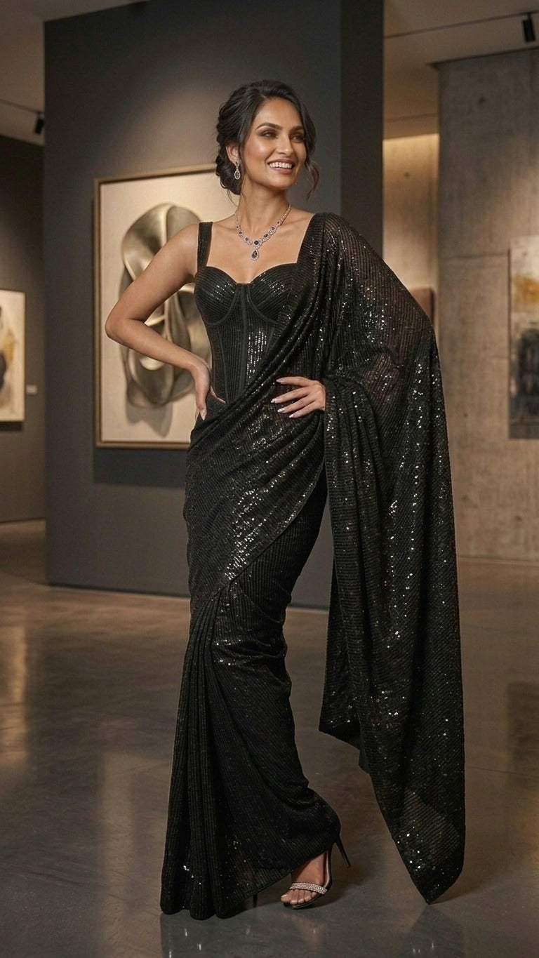 Black Diamond Glam Sequins Saree With Sequins Blouse Fabric