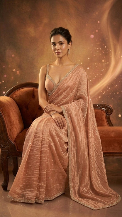 Blush Pearl Zari Butti Embroidered Saree with Blouse Fabric