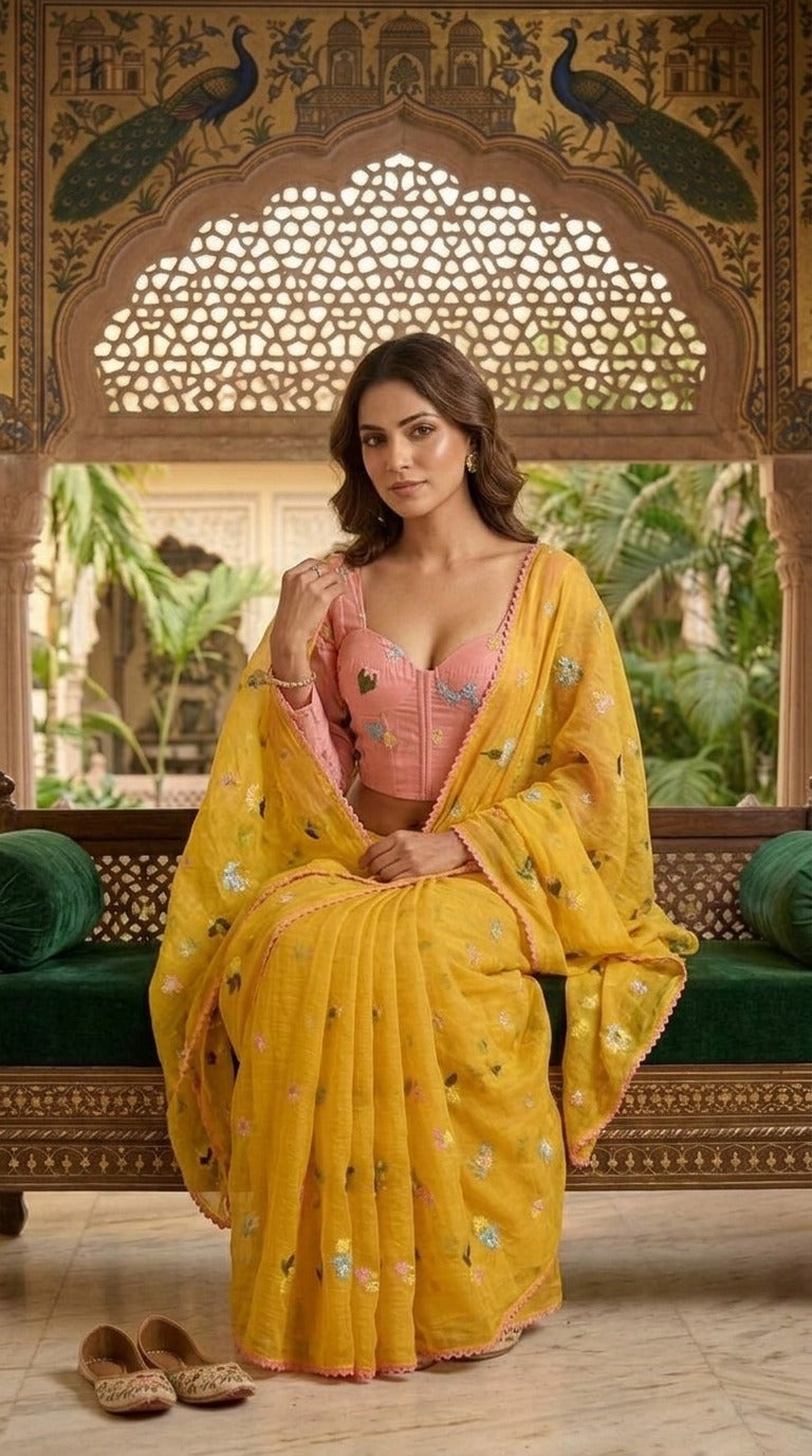 Sunlit Yellow Floral Embroidered Pure Mul Chanderi Saree with Blouse Fabric