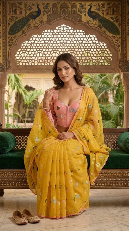 Sunlit Yellow Floral Embroidered Pure Mul Chanderi Saree with Blouse Fabric