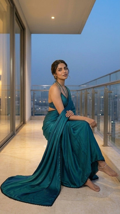 Ocean Chroma Saree with Scalloped Lace Detail